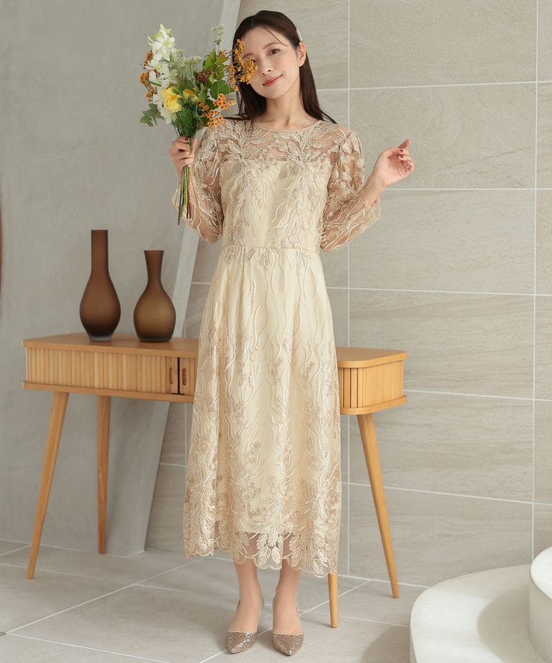 Select Shop フローイングリーフエンブロイダリードレス ベージュ系