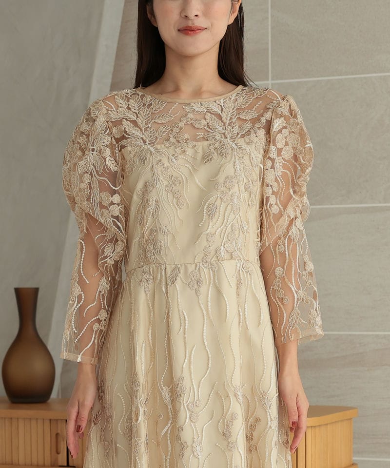 Select Shop フローイングリーフエンブロイダリードレス ベージュ系