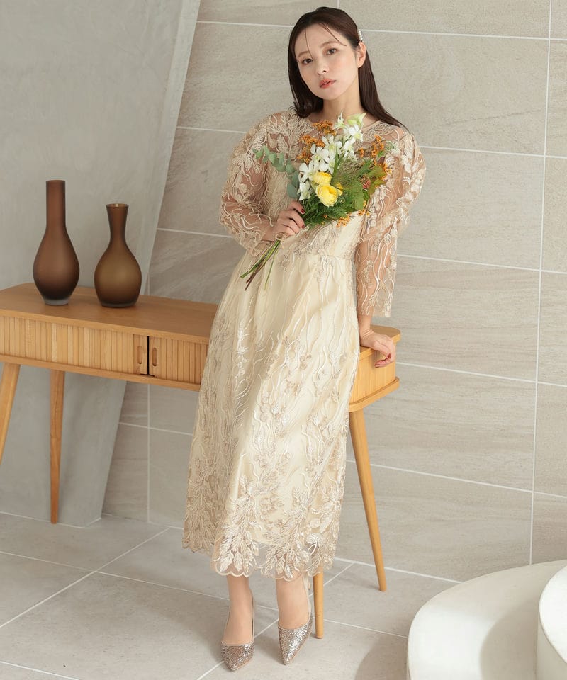 Select Shop フローイングリーフエンブロイダリードレス ベージュ系