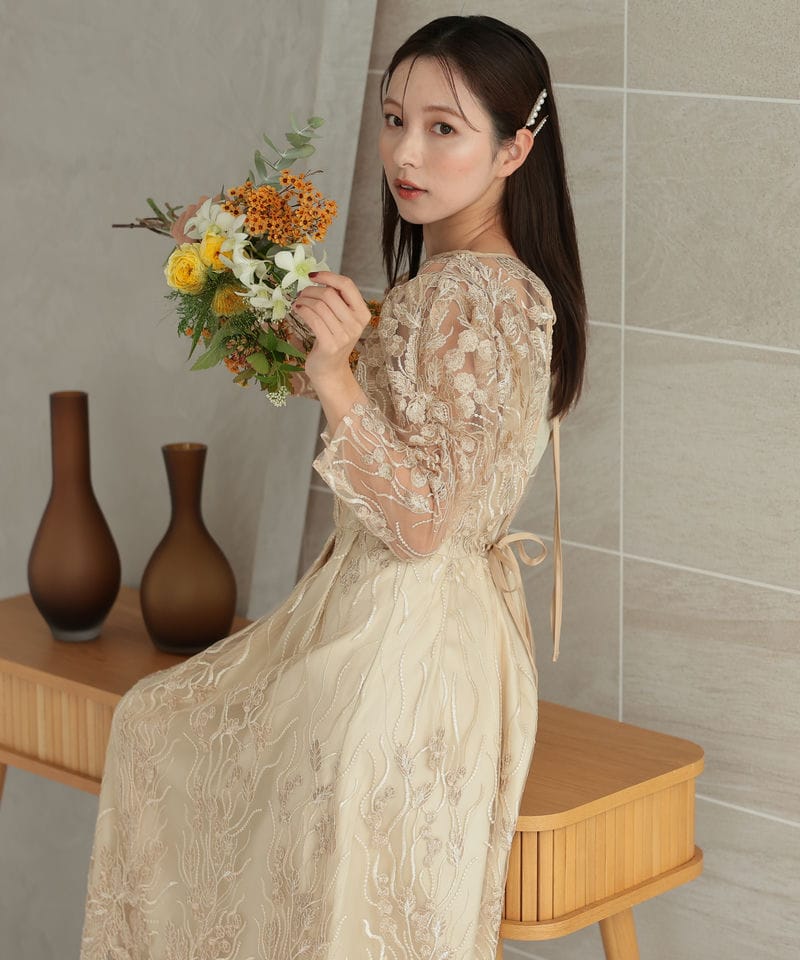 Select Shop フローイングリーフエンブロイダリードレス ベージュ系