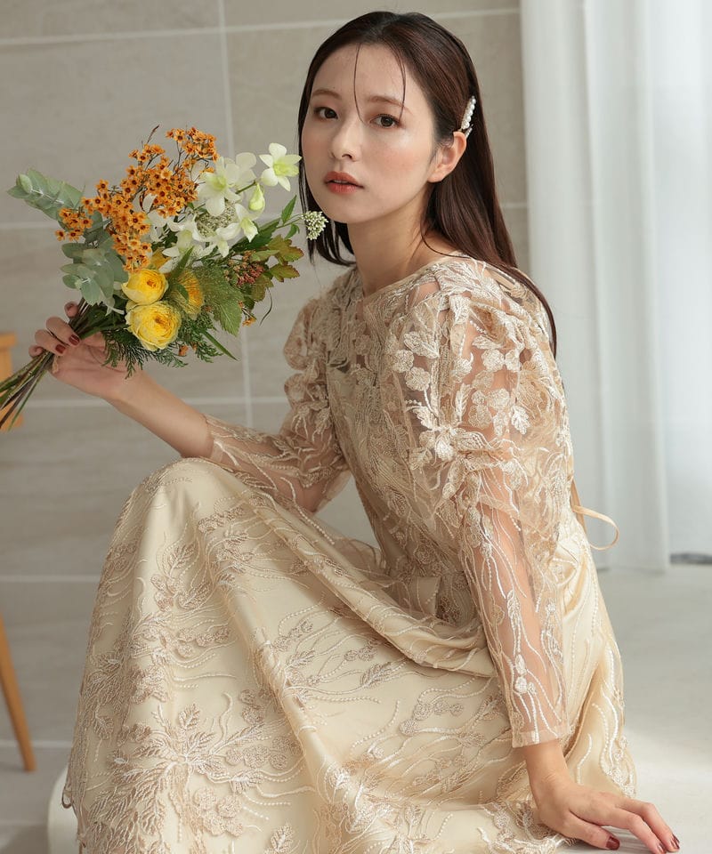 Select Shop フローイングリーフエンブロイダリードレス ベージュ系
