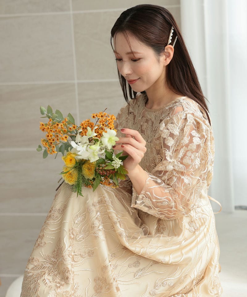 Select Shop フローイングリーフエンブロイダリードレス ベージュ系