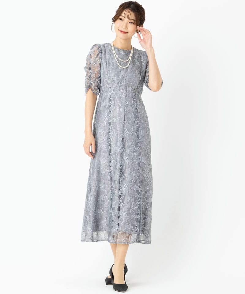 Aimer エメ チュールエンブロイダリーレースパイピングドレス グレー系