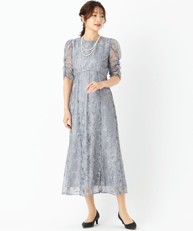 Aimer エメ チュールエンブロイダリーレースパイピングドレス グレー系