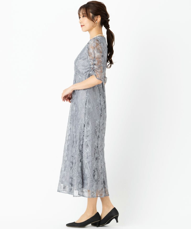 Aimer エメ チュールエンブロイダリーレースパイピングドレス グレー系