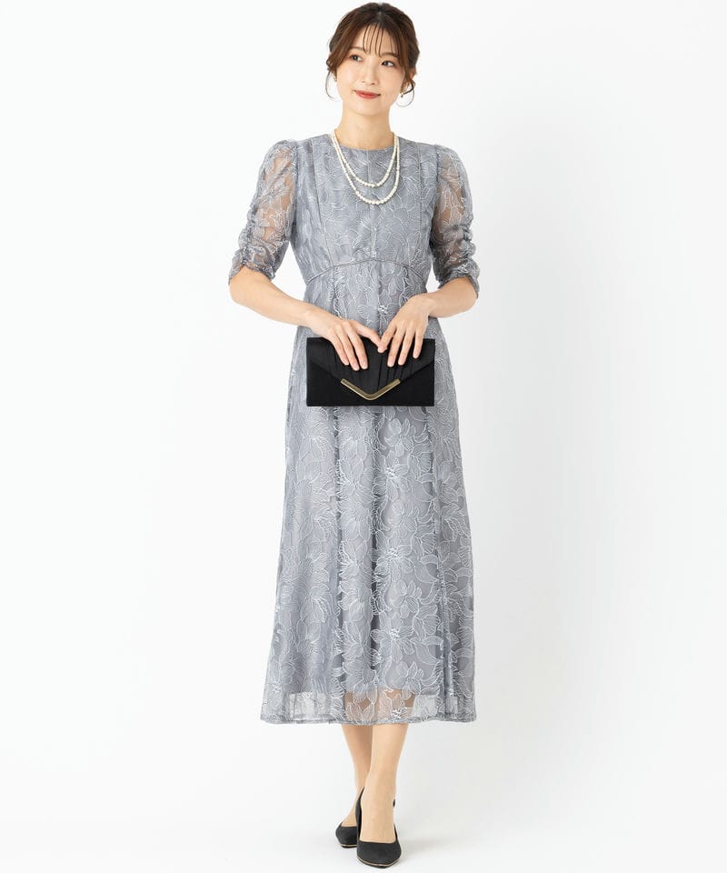 Aimer エメ チュールエンブロイダリーレースパイピングドレス グレー系