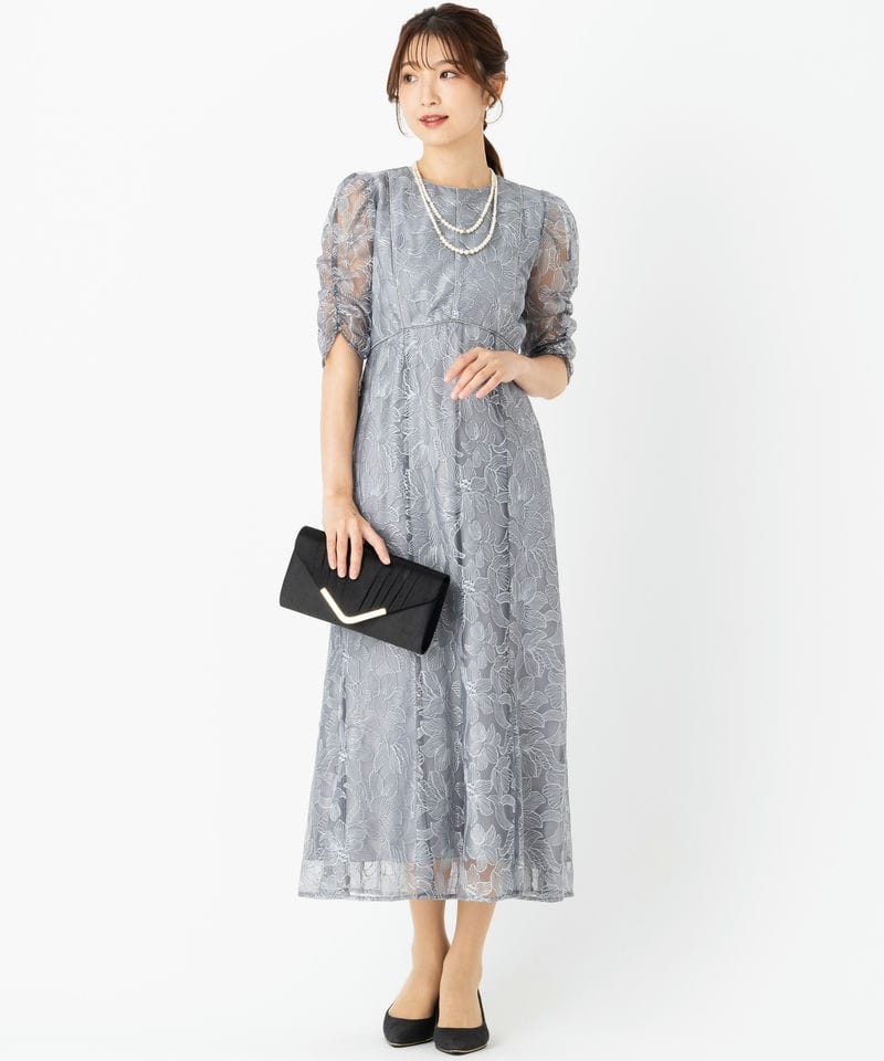 Aimer エメ チュールエンブロイダリーレースパイピングドレス グレー系
