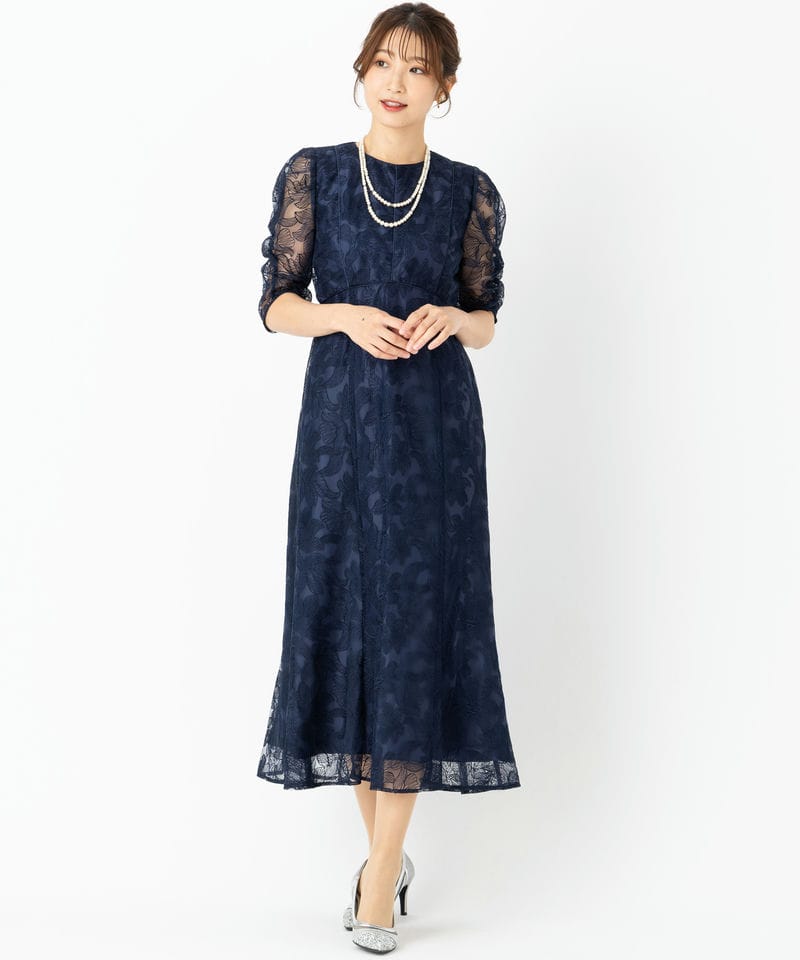Aimer エメ チュールエンブロイダリーレースパイピングドレス ネイビー