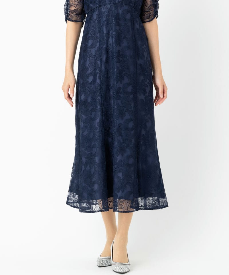 Aimer エメ チュールエンブロイダリーレースパイピングドレス ネイビー