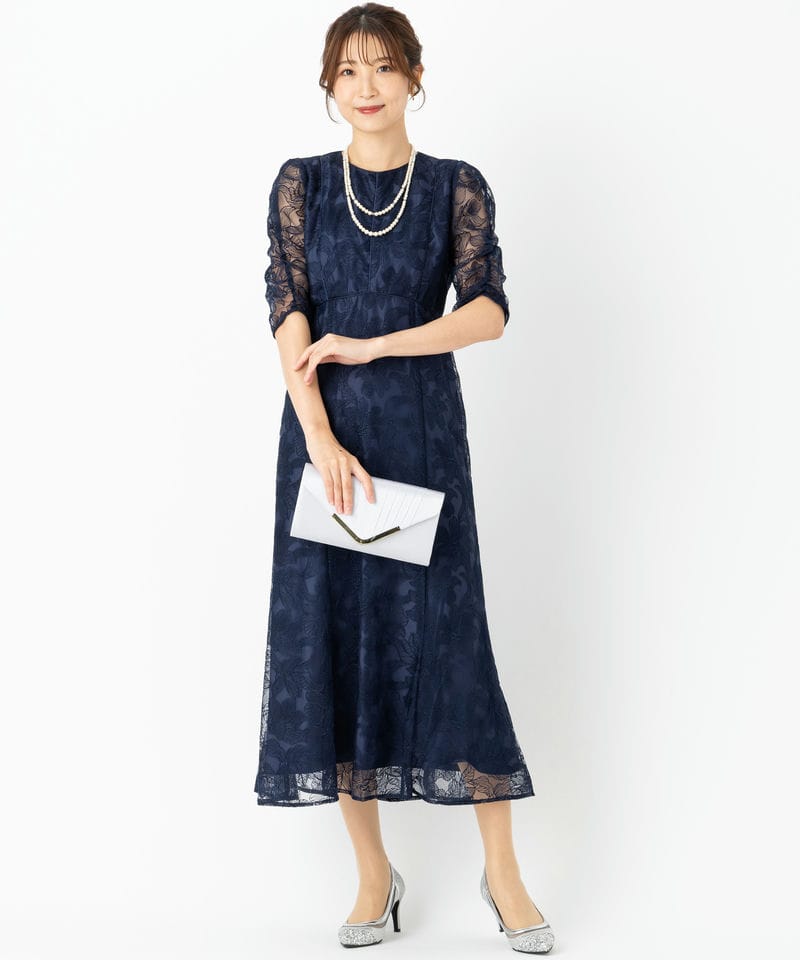 Aimer エメ チュールエンブロイダリーレースパイピングドレス ネイビー