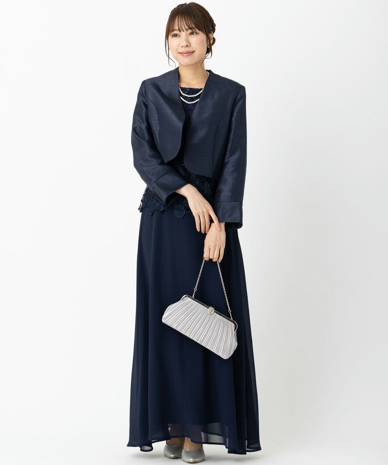 シビラ　シャンタン ドレス・ジャケット セット Select Shop Vネックシャンタンジャケット ネイビー系 | 結婚式