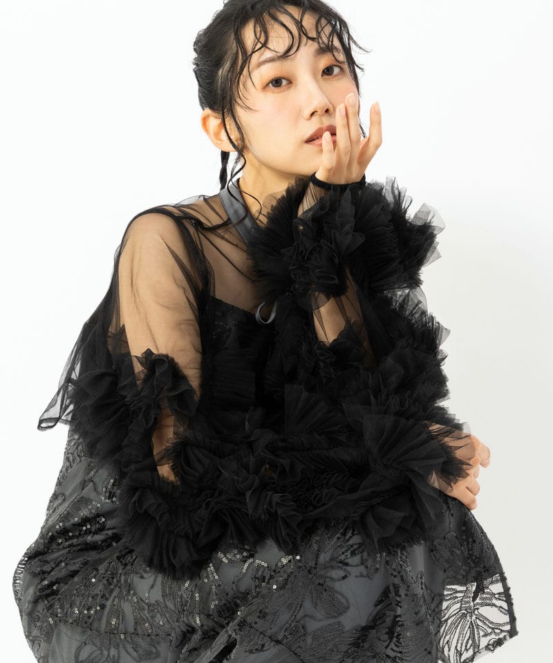 Leja レジャ フリルチュールスリーブリボンIラインドレス ブラック系 x