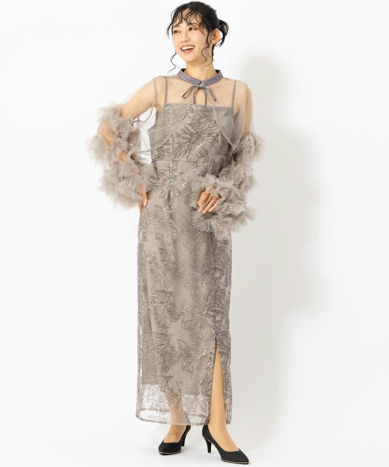 Leja レジャ フリルチュールスリーブリボンIラインドレス グレー系 x