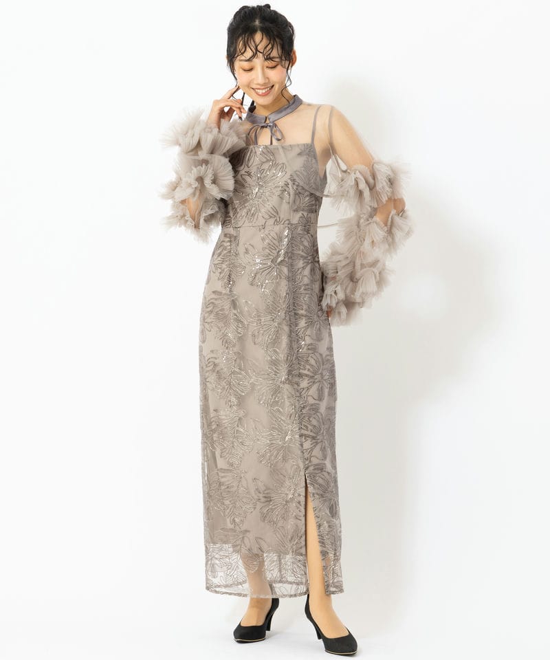 Leja レジャ フリルチュールスリーブリボンIラインドレス グレー系 x