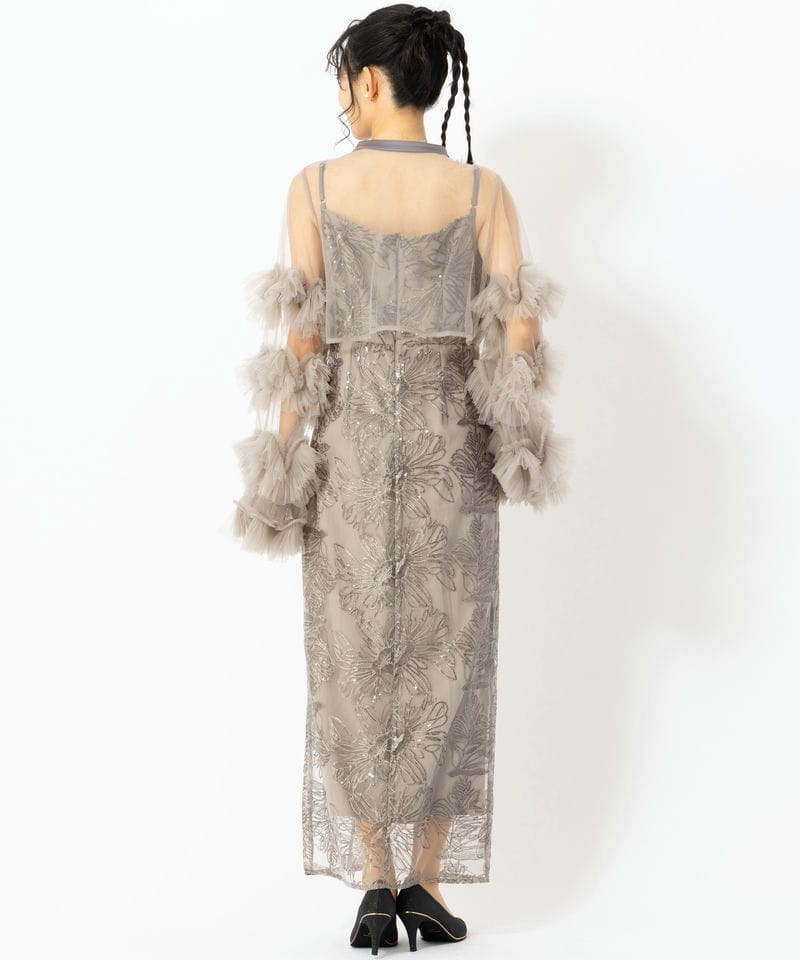 Leja レジャ フリルチュールスリーブリボンIラインドレス グレー系 x