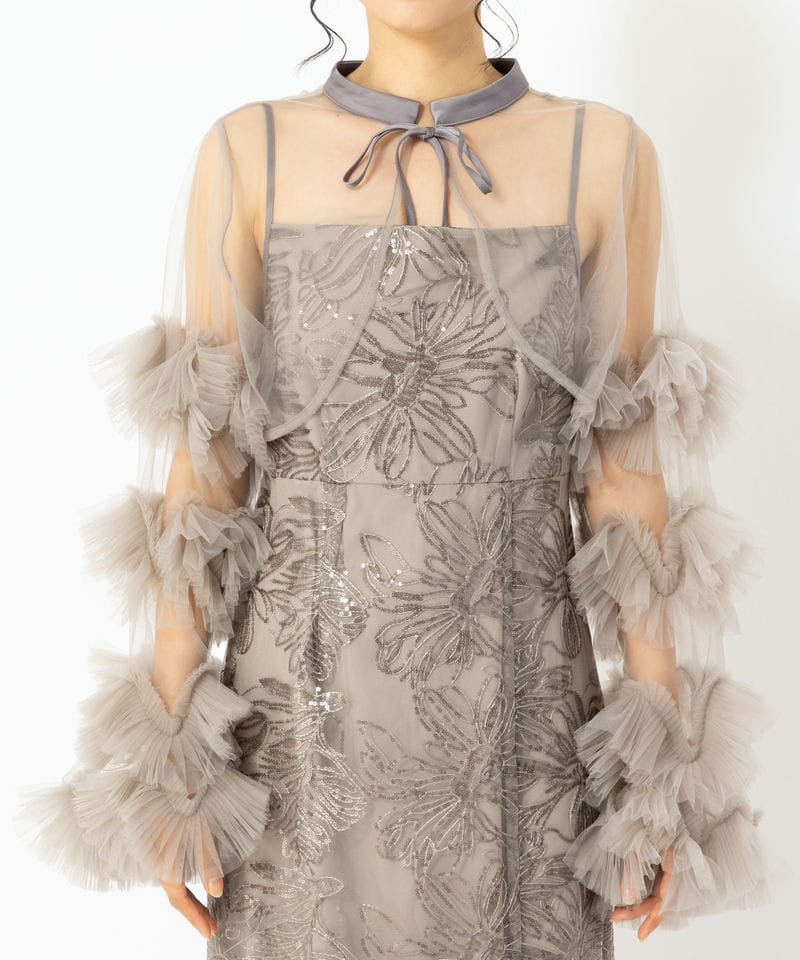 Leja レジャ フリルチュールスリーブリボンIラインドレス グレー系 x