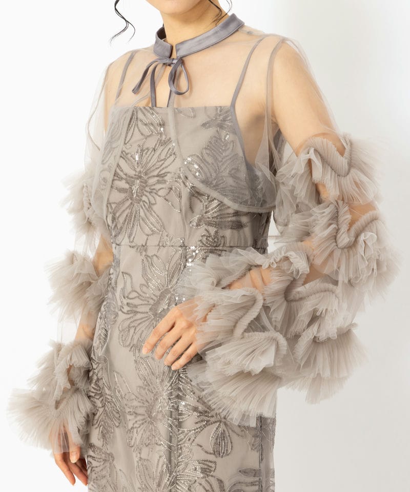 Leja レジャ フリルチュールスリーブリボンIラインドレス グレー系 x