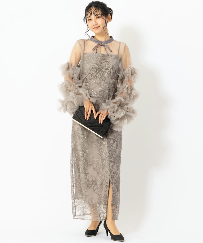 Leja レジャ フリルチュールスリーブリボンIラインドレス グレー系 x