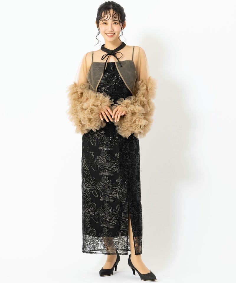 Leja レジャ フリルチュールスリーブリボンIラインドレス ブラック系 x