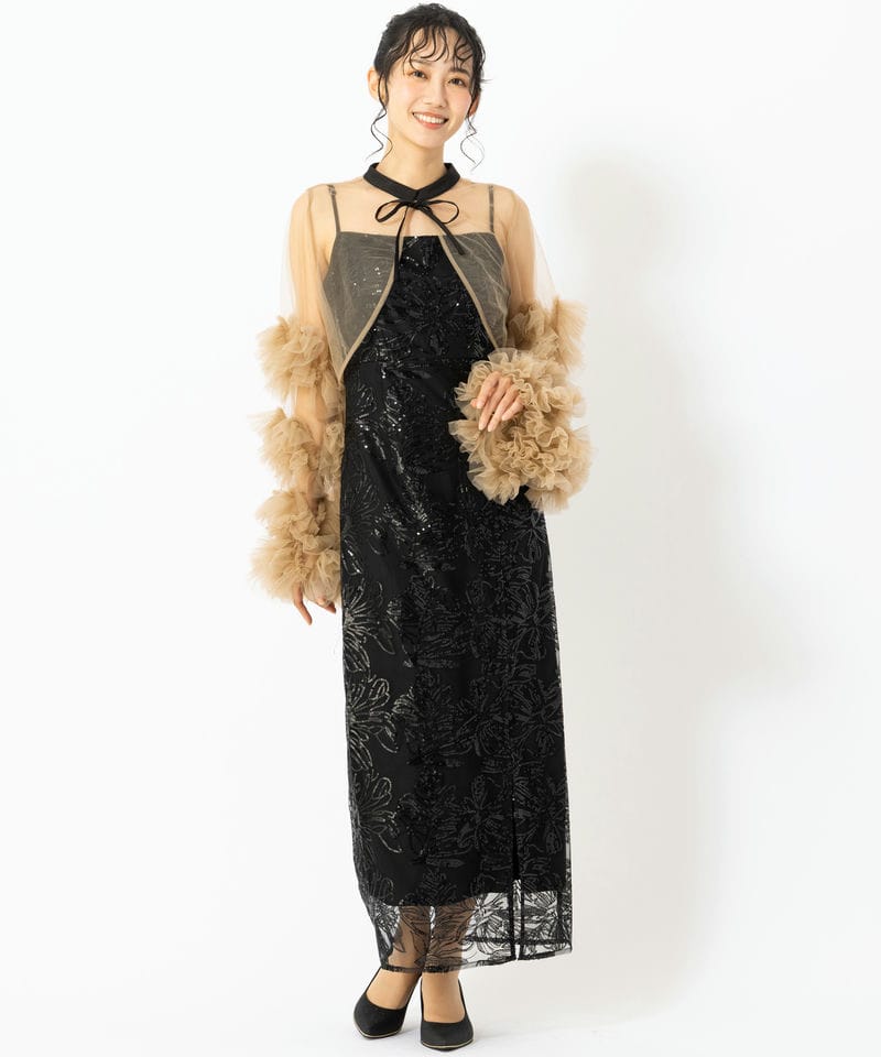 Leja レジャ フリルチュールスリーブリボンIラインドレス ブラック系 x