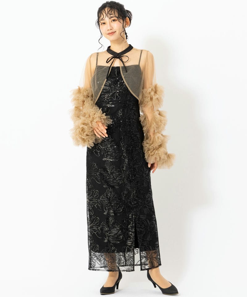 Leja レジャ フリルチュールスリーブリボンIラインドレス ブラック系 x