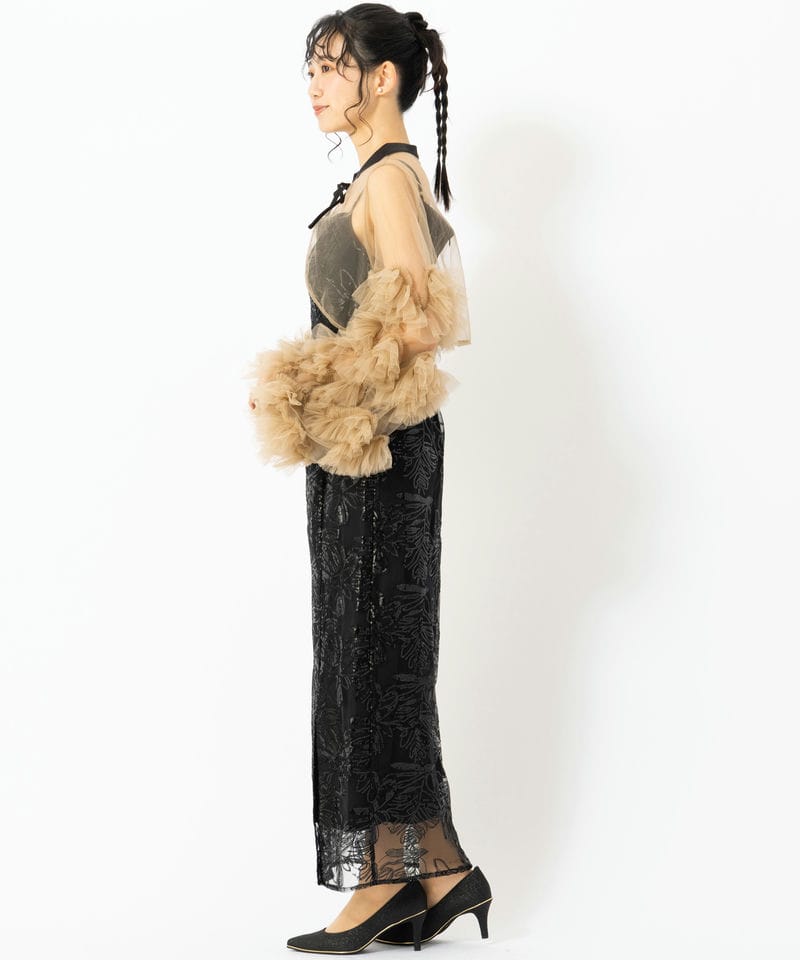 Leja レジャ フリルチュールスリーブリボンIラインドレス ブラック系 x