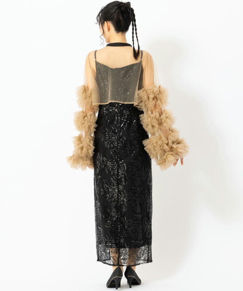 Leja レジャ フリルチュールスリーブリボンIラインドレス ブラック系 x