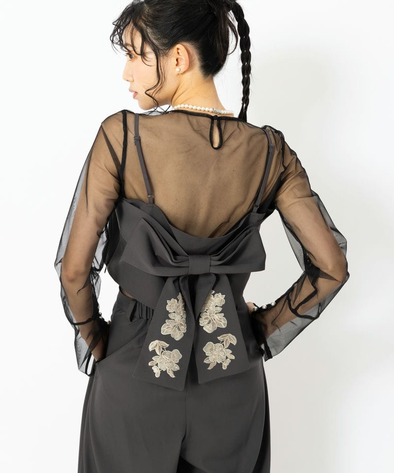 etoll. エトル 3piece刺繍リボンビスチェ&タックワイドパンツ グレー系