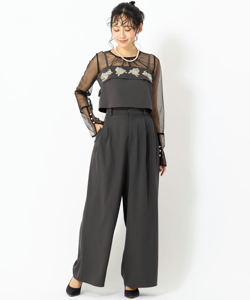 etoll. エトル 3piece刺繍リボンビスチェ&タックワイドパンツ グレー系