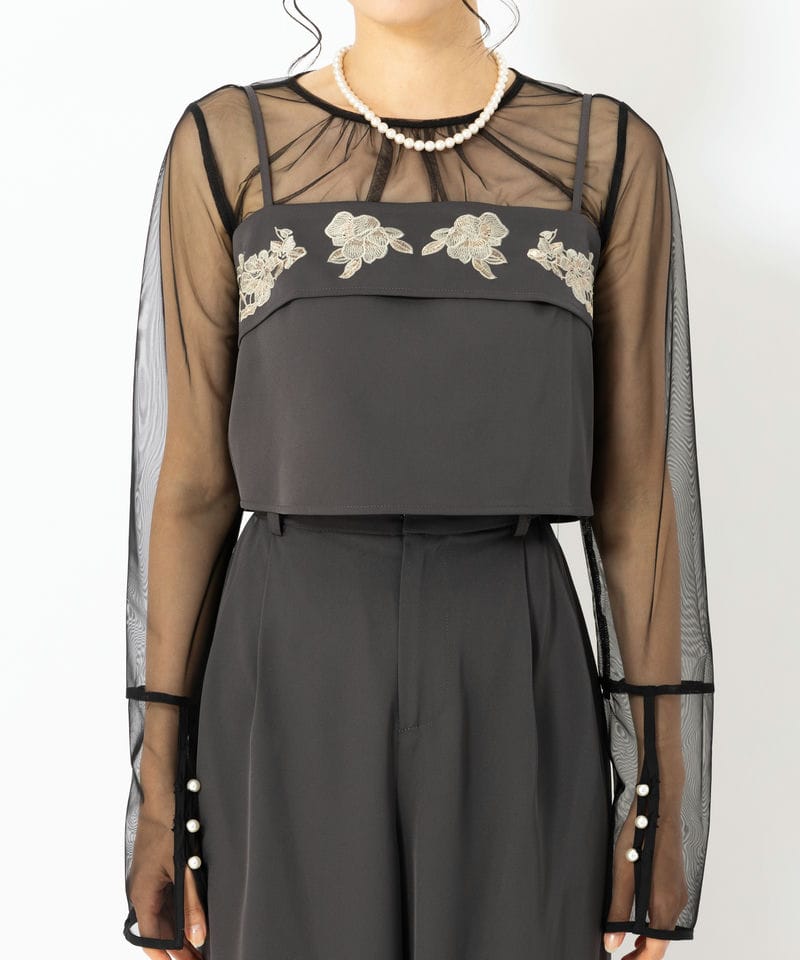 etoll. エトル 3piece刺繍リボンビスチェ&タックワイドパンツ グレー系