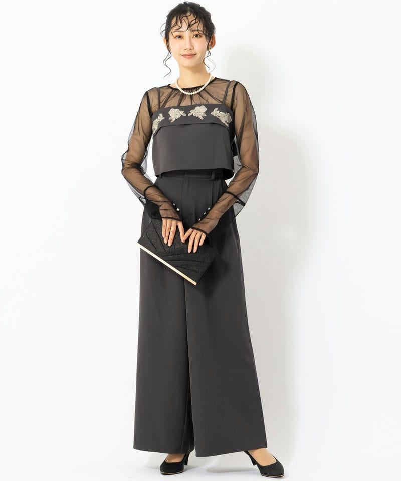 etoll. エトル 3piece刺繍リボンビスチェ&タックワイドパンツ グレー系