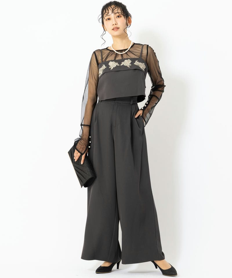 etoll. エトル 3piece刺繍リボンビスチェ&タックワイドパンツ グレー系