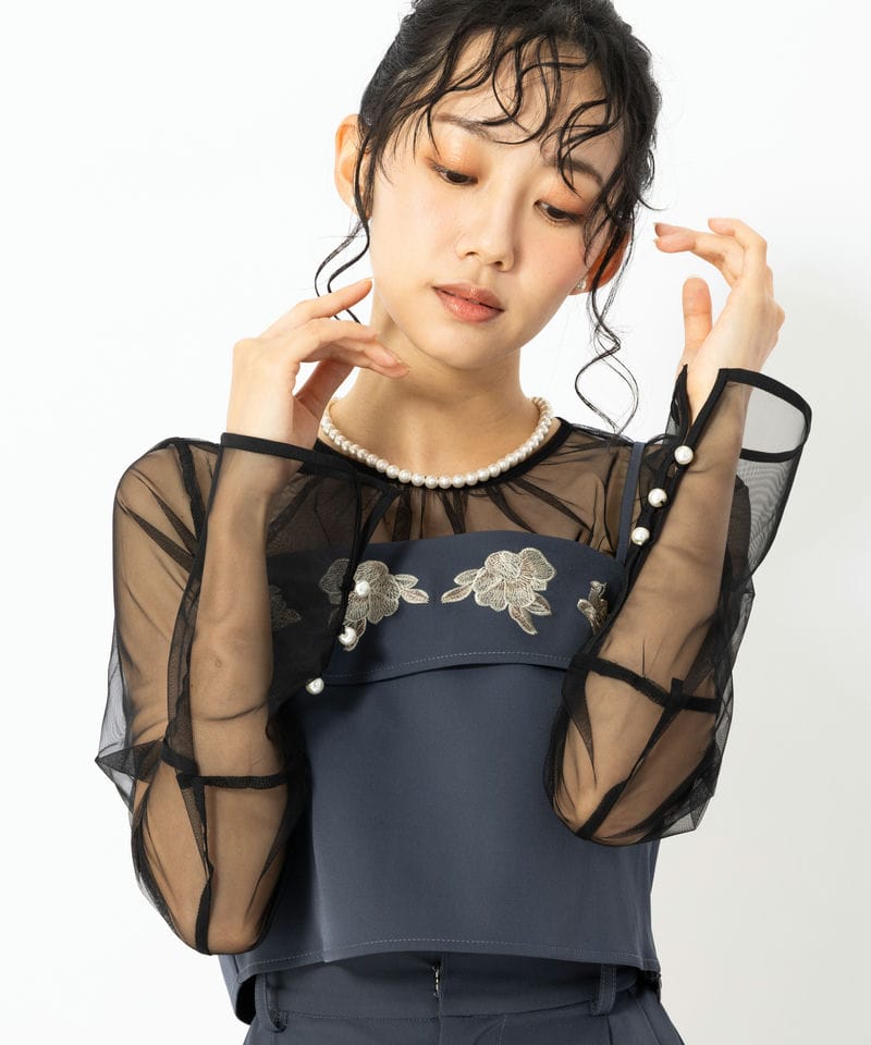 etoll. エトル 3piece刺繍リボンビスチェ&タックワイドパンツ グレー系