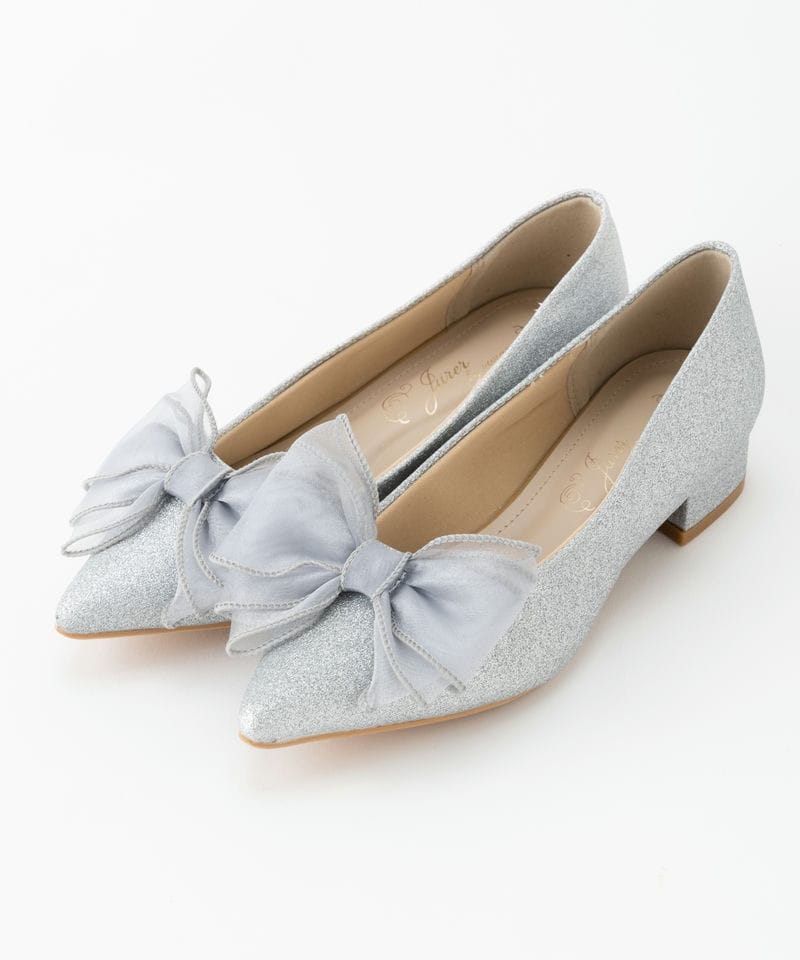 RANDA ランダ 2WAYリボンラメフラットパンプス ピンク系 x ベージュ系