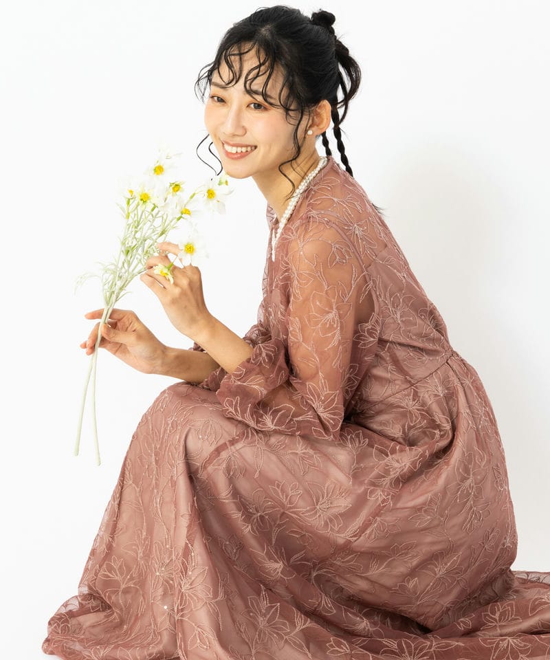 Aimer エメ スパンコールフラワー刺繍ロングスリーブドレス ピンク系