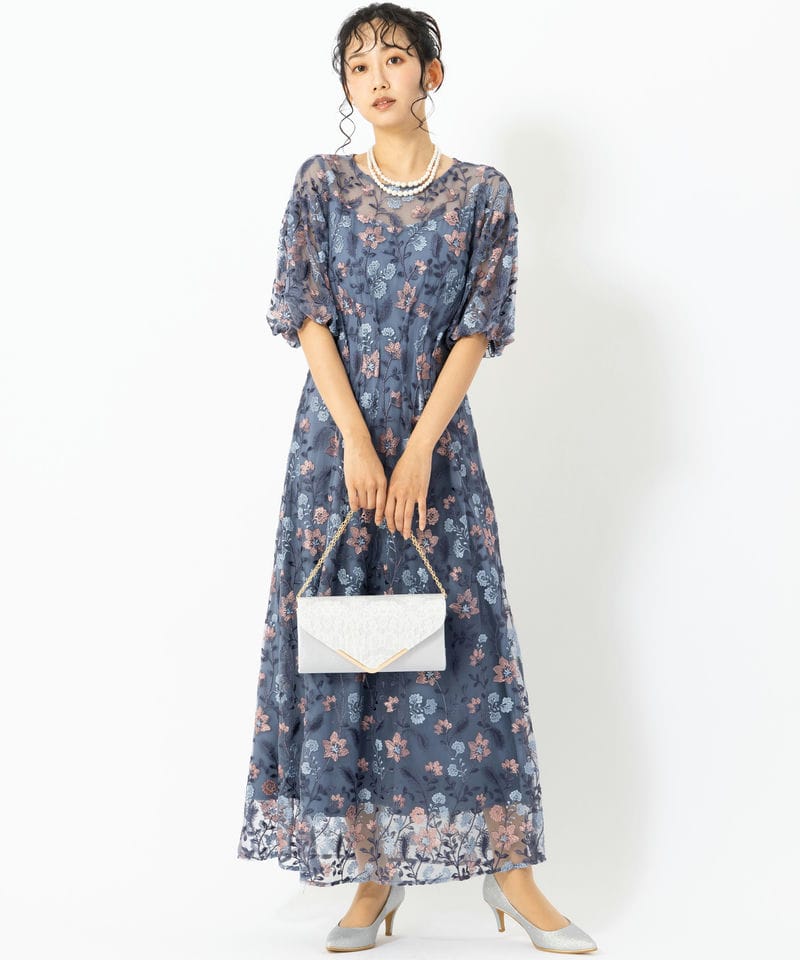 MERCURYDUO マーキュリーデュオ 配色レースパワショルロングドレス