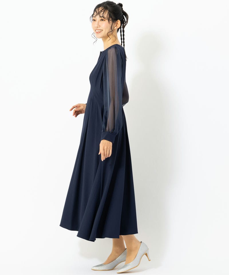 Select Shop オーガンジースリーブXラインキーネックドレス ネイビー系