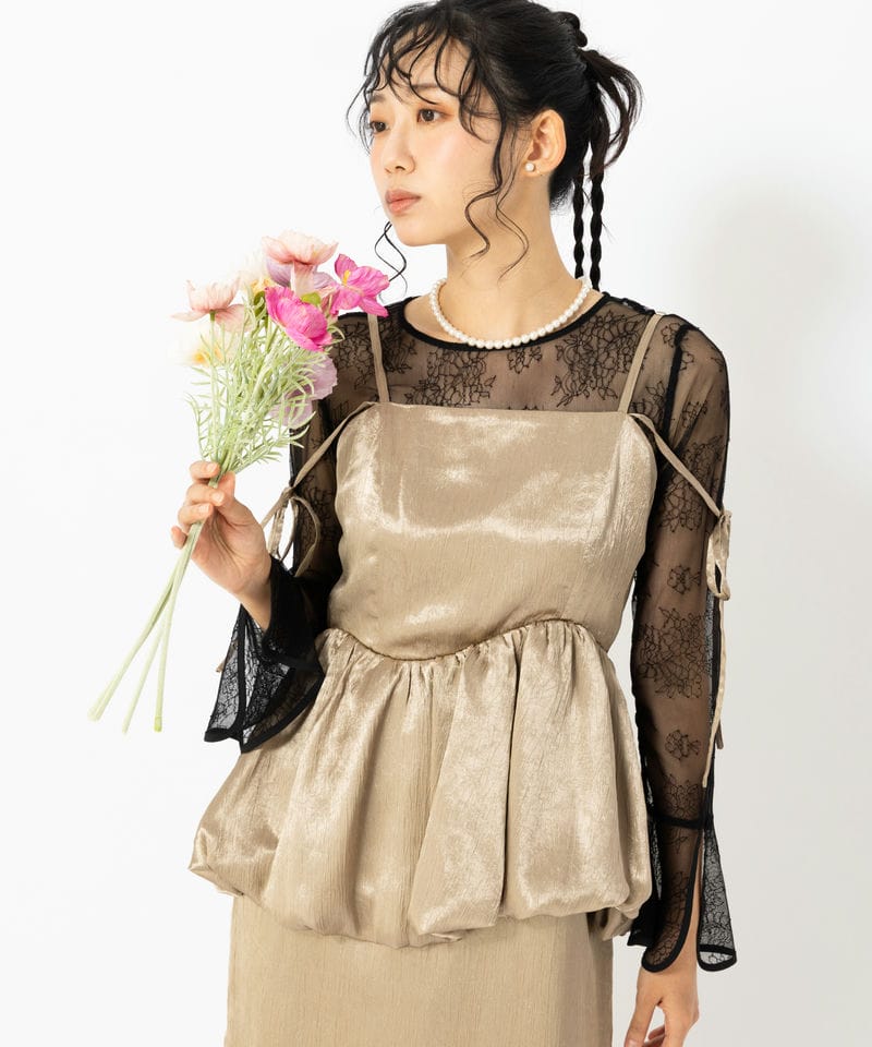 リルアー　ショルダーリボンジャガードドレス LE'RURE リルアー ショルダーリボンジャガードドレス ブラウン系