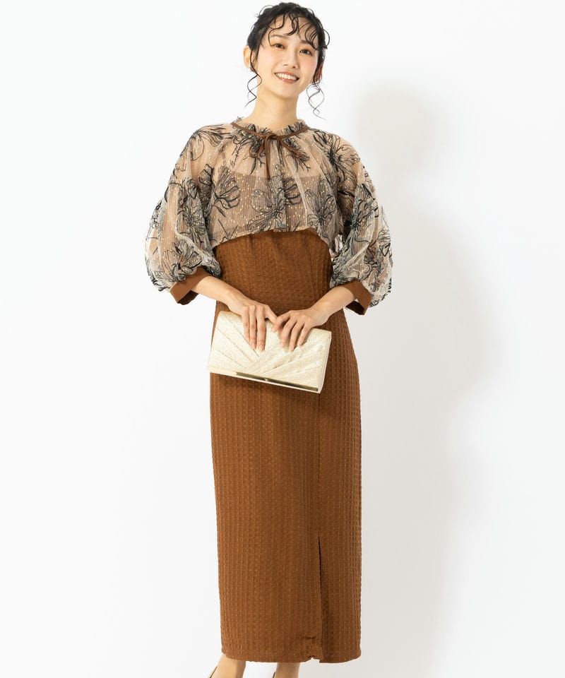 Leja 【ドレス2点SET】花柄刺繍ボレロ&ワッフルIラインタイトスリット
