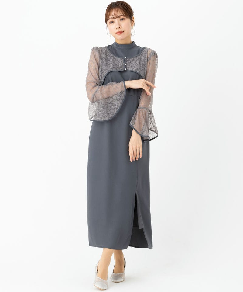 Leja レジャ 花柄レースショートボレロIラインドレス グレー系 x