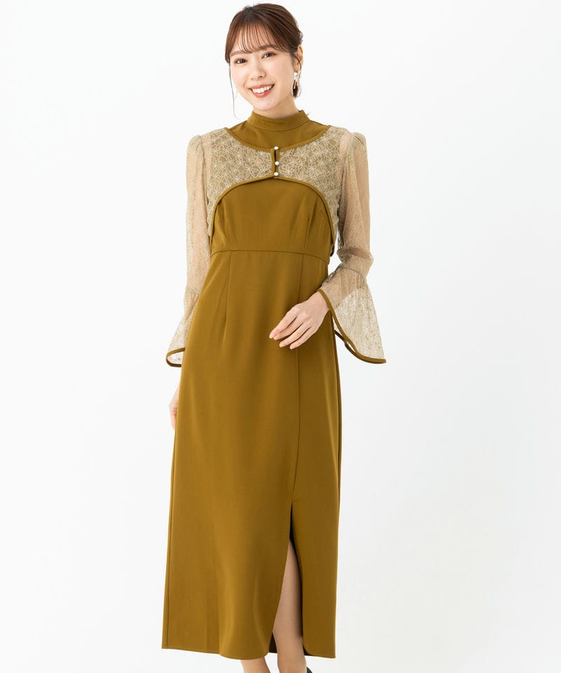 Leja レジャ リーフレースカラースリットスリーブセットアップドレス