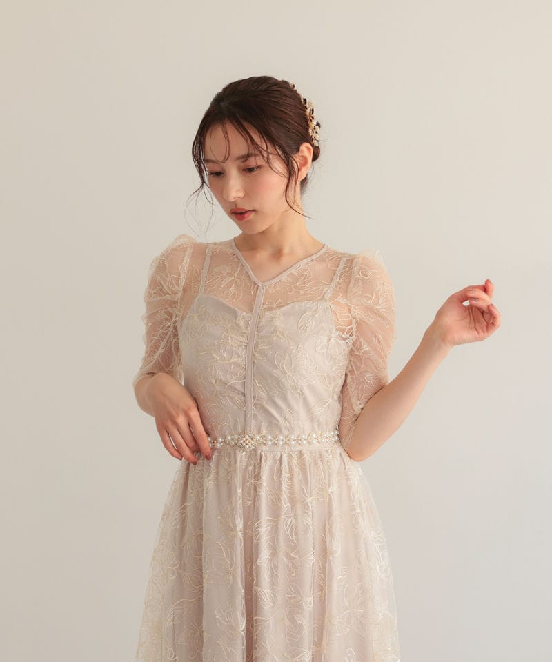 花柄刺繍 ベージュドレス パフスリーブ Select Shop シアーラインフラワー刺繍パフスリーブドレス ベージュ系