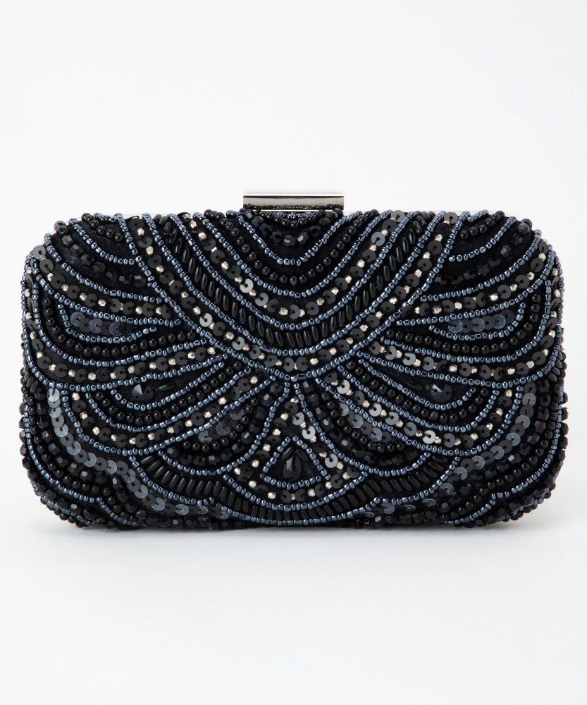Select Shop ビーズ刺繍ハードクラッチバッグ ブラック系 x ベージュ系