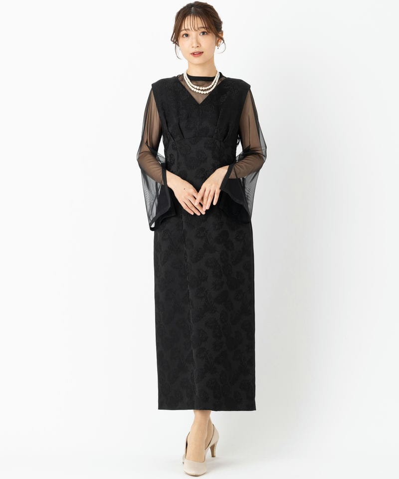 Aimer エメ チュールブラウス付Vネックジャカードタイトドレス