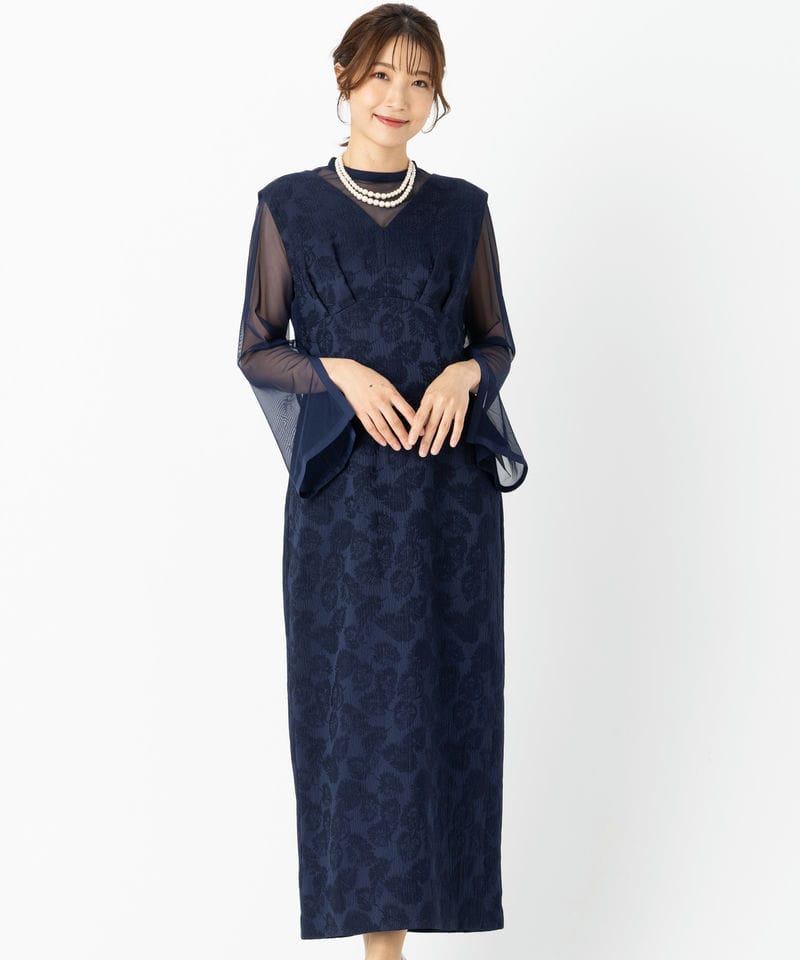 Aimer エメ チュールブラウス付Vネックジャカードタイトドレス