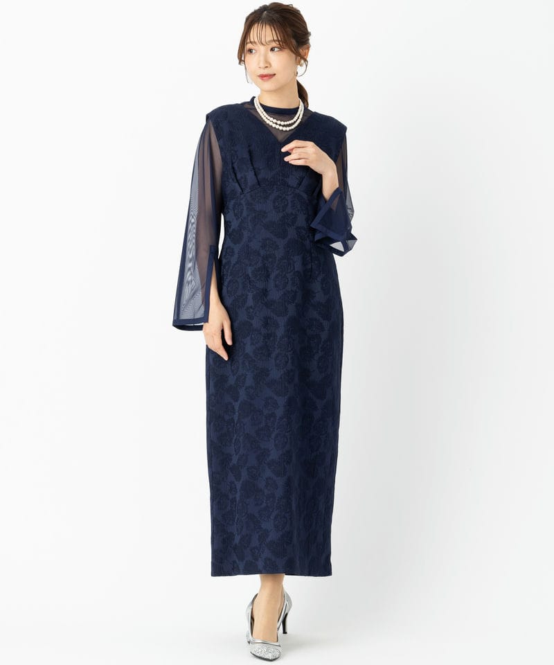 Aimer エメ チュールブラウス付Vネックジャカードタイトドレス