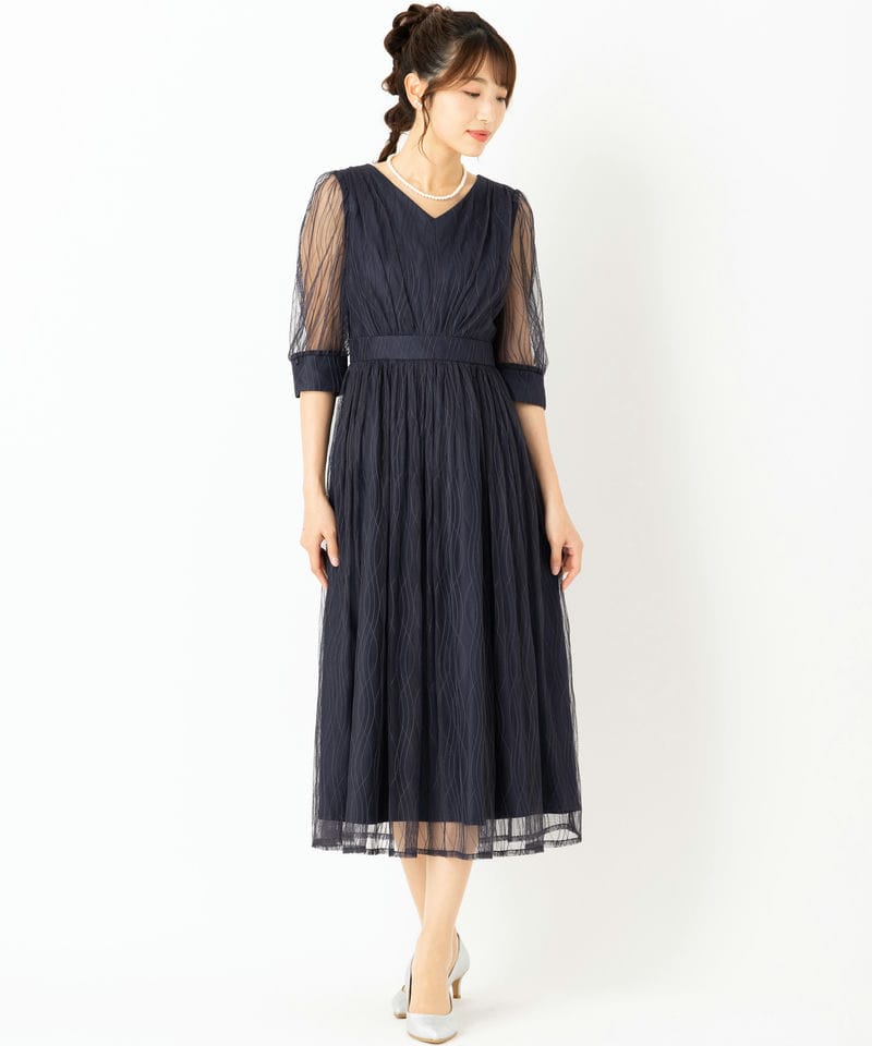 Aimer 総レース×チュール袖付きフィット＆フレアドレス　M ネイビー　新品 Aimer エメ チュールレースVネック袖付きフレアドレス ネイビー系
