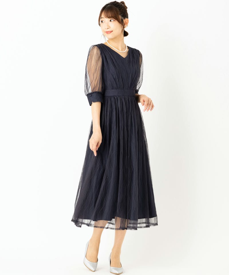 Aimer 総レース×チュール袖付きフィット＆フレアドレス　M ネイビー　新品 Aimer エメ チュールレースVネック袖付きフレアドレス ネイビー系