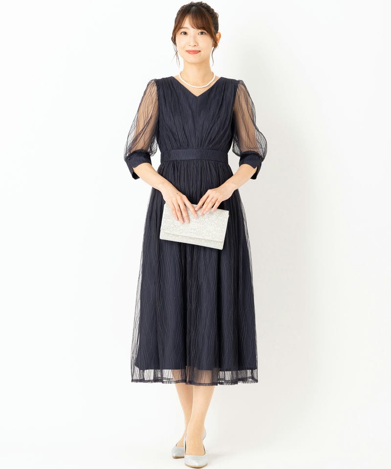 Aimer エメ チュールレースVネック袖付きフレアドレス ネイビー系