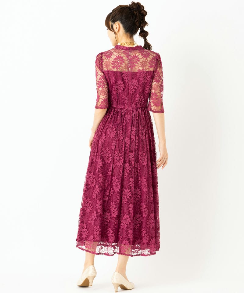 Aimer 【ドレス3点SET】プチハイネック袖付き花柄レースフィット&フレ